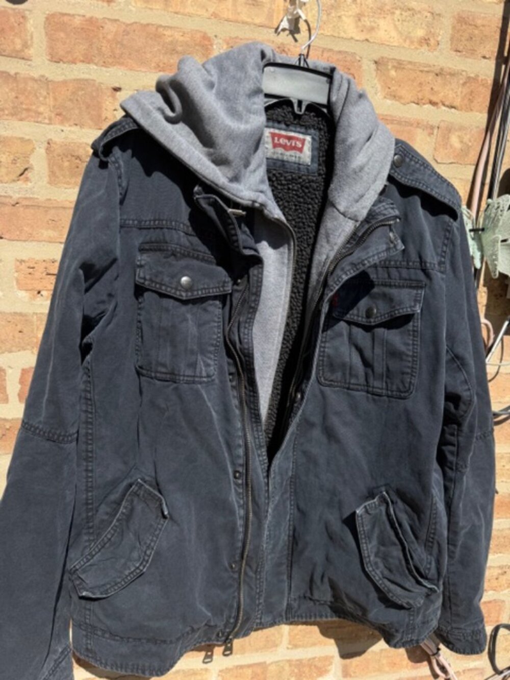 Used Levi's Men's Washed Cotton Hooded Military Jacket in size Large Navy Blue